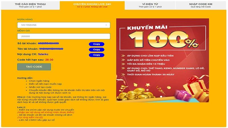 Nạp tiền kèm nhiều khuyến mãi hấp dẫn tại ibet68